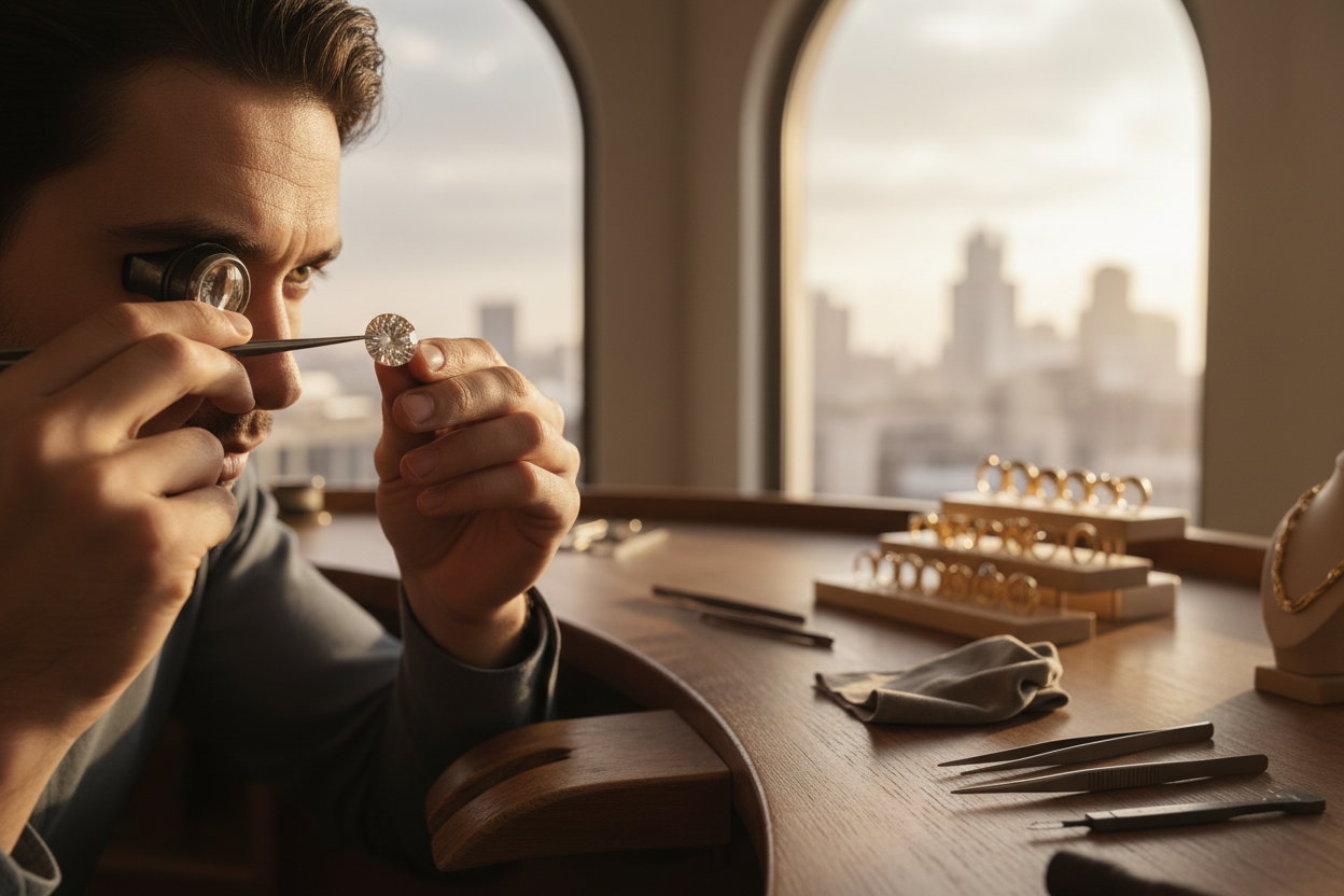 Jeweler inspecting a diamond